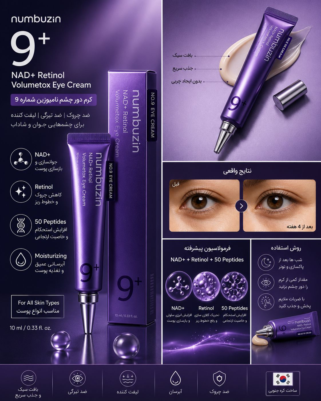 کرم دور چشم نامبوزین شماره 9 مدل NAD+ Retinol VolumeX | ضد چروک، ضد تیرگی و لیفتکننده دور چشم 10 میل