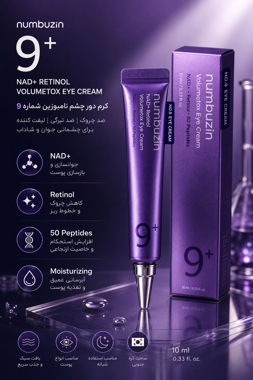 کرم دور چشم نامبوزین شماره 9 مدل NAD+ Retinol VolumeX | ضد چروک، ضد تیرگی و لیفتکننده دور چشم 10 میل